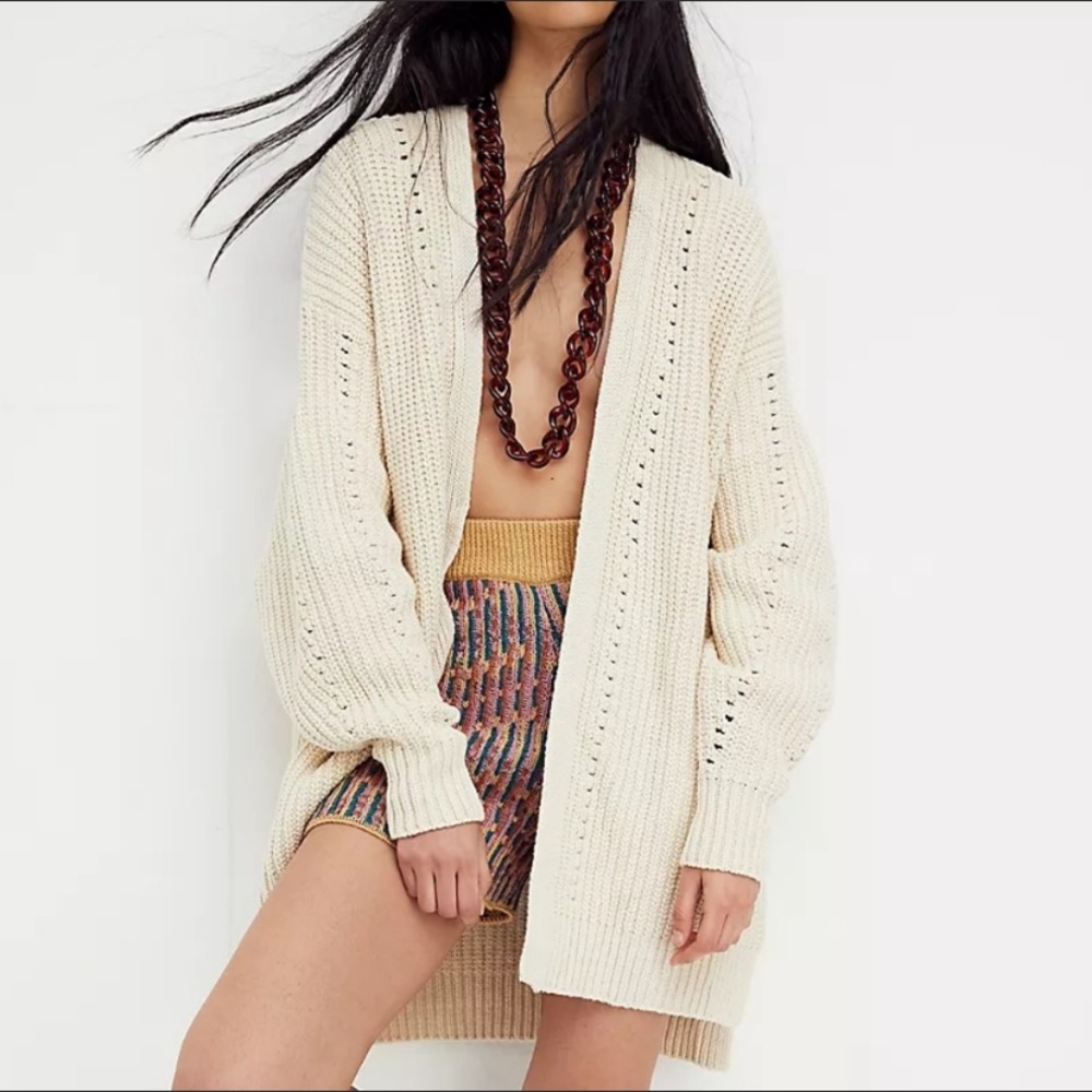 Free People Dare To Dream Cream Ribbed Longline Oversized Cardigan Sweater